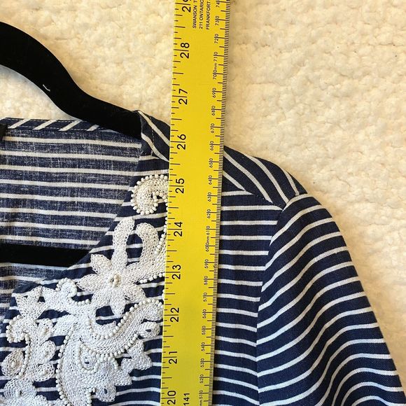 Talbots‎ Womens Blue White Stripe Embellished Beads Linen 3/4 Sleeve Top Size M - Picture 8 of 9